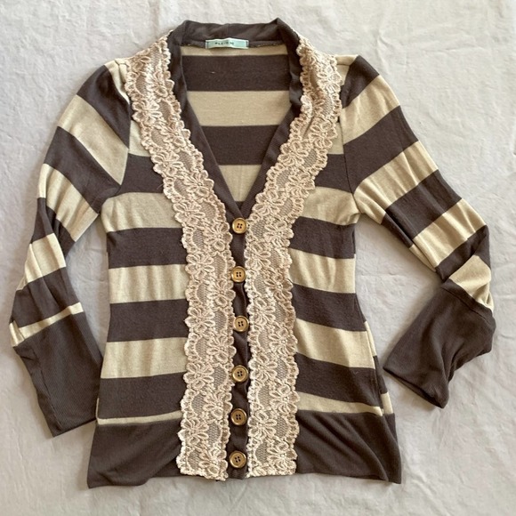 Anthropologie Pleione brown Striped Lace-trim V-neck Cardigan small - Picture 2 of 9